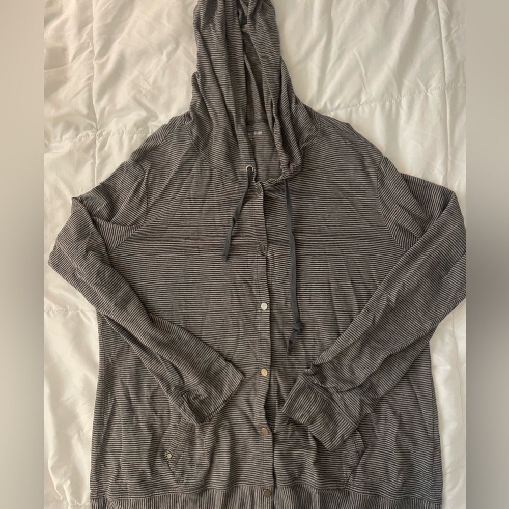 100% Linen Eileen Fisher Striped Black and Grey Hoodie/Jacket With Gold Buttons